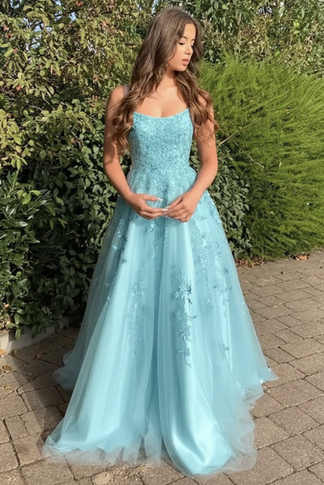 Pool Stylish Lace Long Prom Dress with Spaghetti Straps