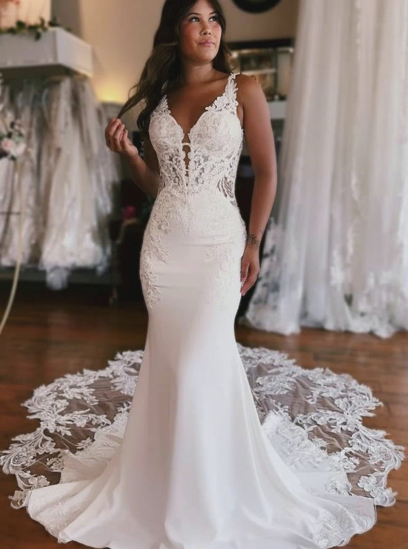 Mermaid Wedding Dress with Lace Appliques & Cathedral Train
