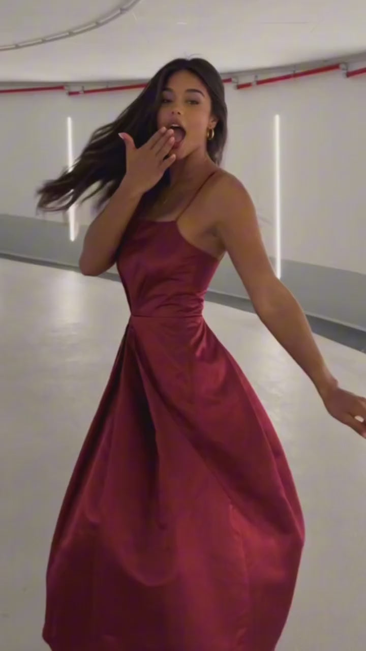 Unique Tea Length Satin Party Spaghetti Straps Backless Prom Dress - Prom Dresses
