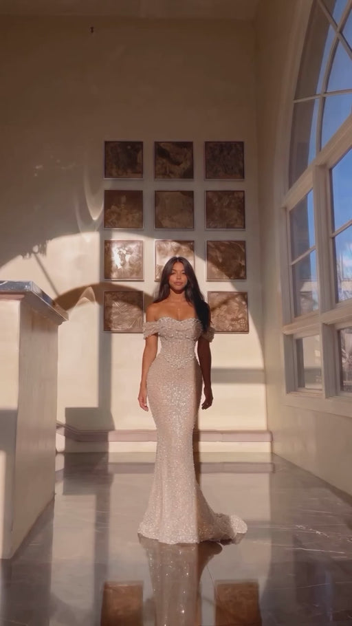 Dazzling Beaded Sweetheart Mermaid Evening Dress Sequins Off-Shoulder Floor-Length Prom Dress with Train - evening dresses
