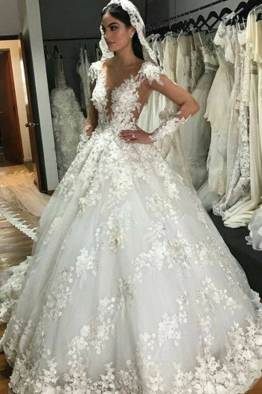 Princess Bateau Wedding Dress with Modest Backless Design and Floor-length Lace Ruffles - Wedding Dress