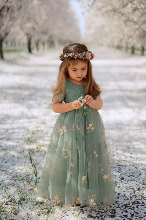 Princess-like Sage Long Ball Gown Tulle Embroidery Flower Girl Dresses - Flower Girl Dress