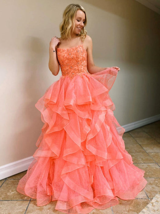 Coral Prom Dress with Beadings Backless Lace Evening Gown-Bridelily Coral Prom Dress with Beadings Backless Lace Evening Gown-Bridelily