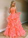 Princess Tulle Backless Long Coral Prom Dresses with Beadings, Backless Coral Formal Dresses, Beaded Coral Evening Dresses