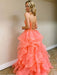 Princess Tulle Backless Long Coral Prom Dresses with Beadings, Backless Coral Formal Dresses, Beaded Coral Evening Dresses