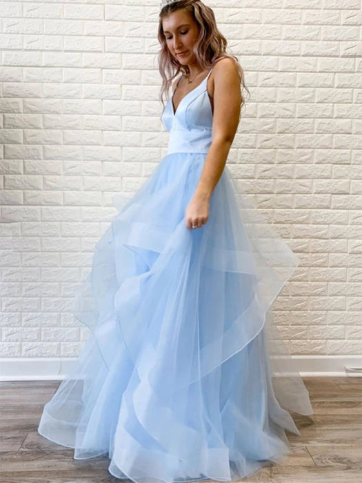 Princess V Neck Long Pink/Light Blue Prom Dresses, Puffy Pink/Light Bl Bridelily Princess V Neck Long Pink/Light Blue Prom Dresses, Puffy Pink/Light Bl Bridelily