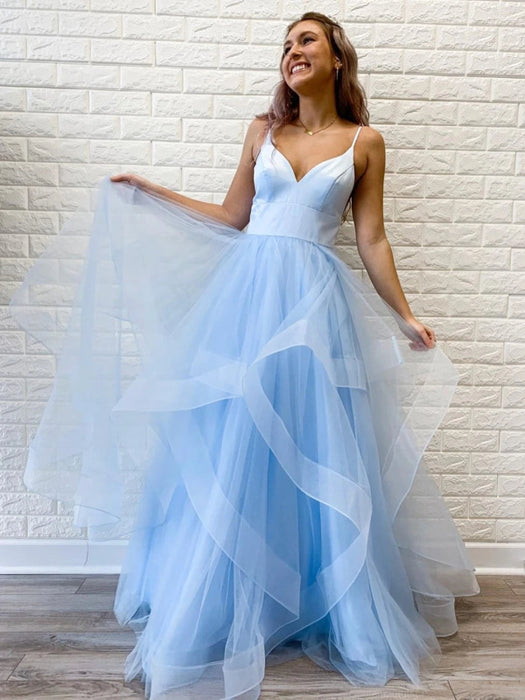 Princess V Neck Long Pink/Light Blue Prom Dresses, Puffy Pink/Light Bl Bridelily Princess V Neck Long Pink/Light Blue Prom Dresses, Puffy Pink/Light Bl Bridelily