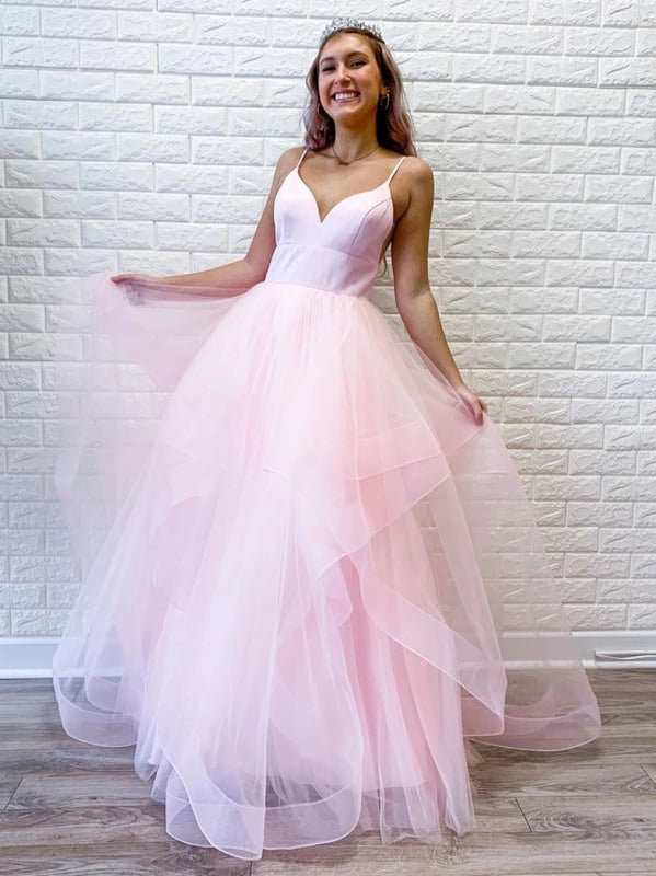 light pink puffy dress Princess V Neck Long Pink/Light Blue Prom Dresses, Pink/Light Bl — Bridelily Biodegradable Tina Holly Couture TW079 cocktail events Color:black/silver