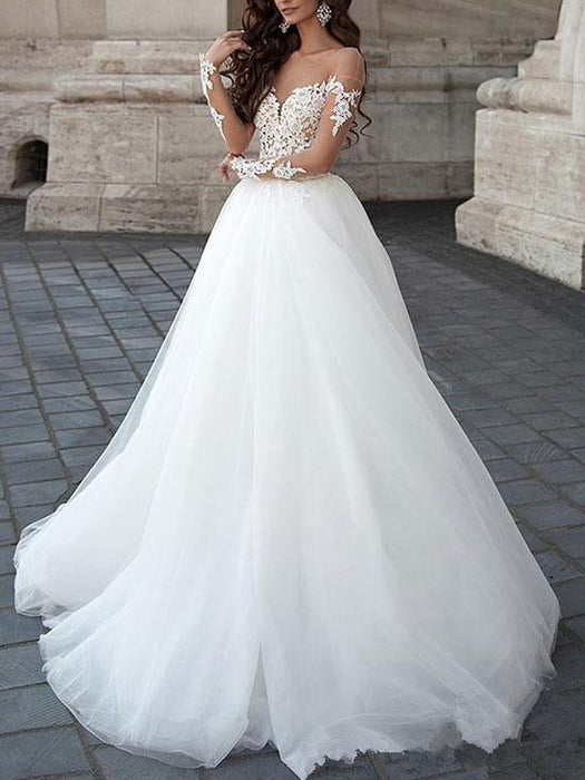 Princess Wedding Dress 2021 Ball Gown Sweetheart Neck Long Sleeves backless Lace Tulle Bridal Dresses With Court Train