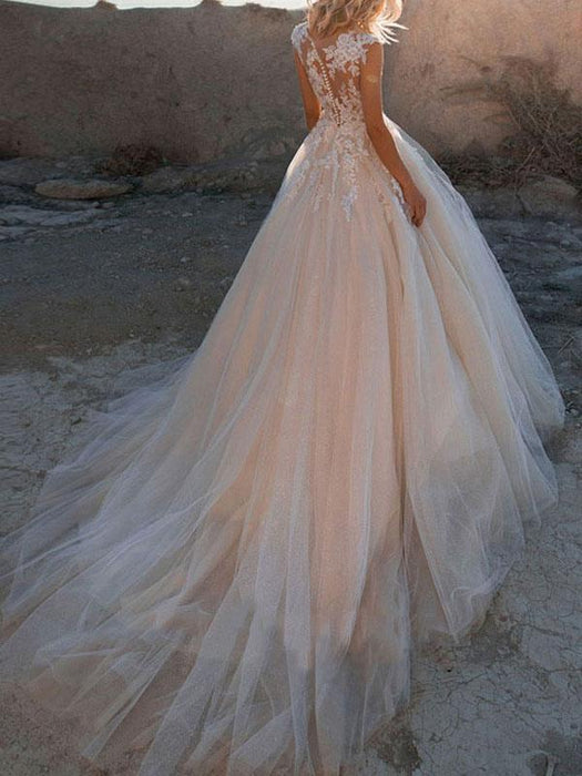 wedding dresses 2021 princess silhouette jewel neck sleeveless natural waist lace soft pink tulle bridal gowns
