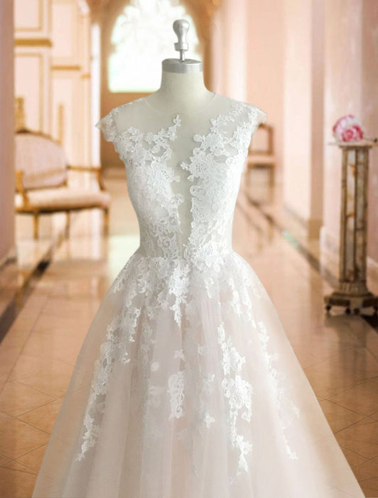 wedding dresses 2021 princess silhouette jewel neck sleeveless natural waist lace soft pink tulle bridal gowns