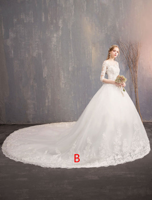Princess Wedding Dresses Lace Illusion Neckline Half Sleeve Floor Length Bridal Gown