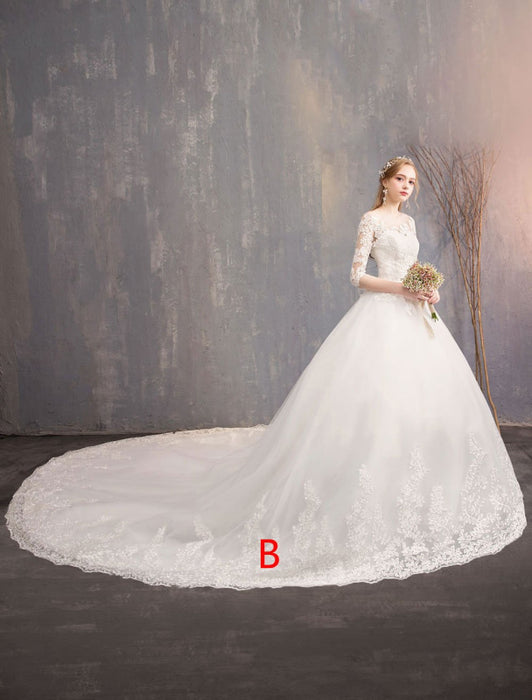 Princess Wedding Dresses Lace Illusion Neckline Half Sleeve Floor Length Bridal Gown
