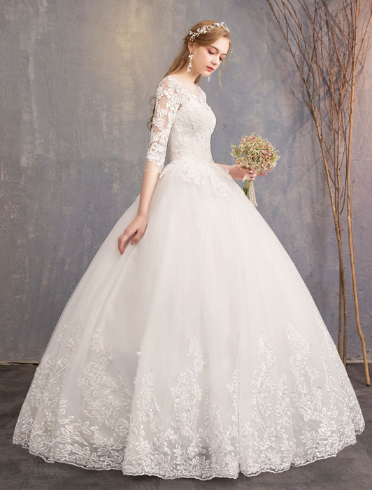 Princess Wedding Dresses Lace Illusion Neckline Half Sleeve Floor Length Bridal Gown
