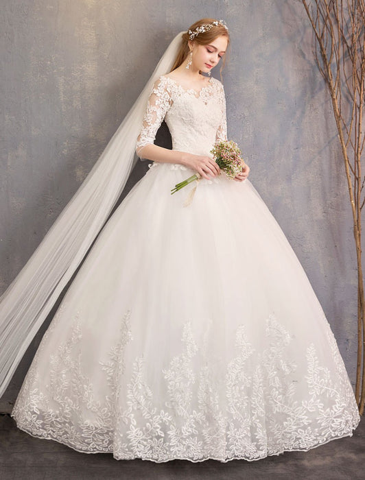 Princess Wedding Dresses Lace Illusion Neckline Half Sleeve Floor Length Bridal Gown