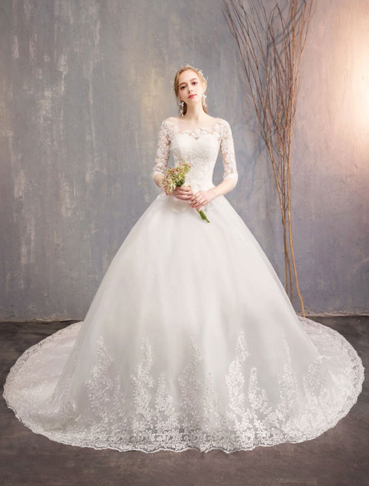Princess Wedding Dresses Lace Illusion Neckline Half Sleeve Floor Length Bridal Gown