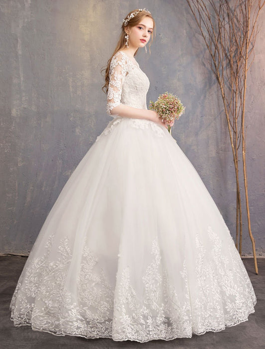 Princess Wedding Dresses Lace Illusion Neckline Half Sleeve Floor Length Bridal Gown