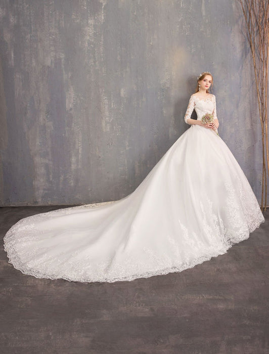 Princess Wedding Dresses Lace Illusion Neckline Half Sleeve Floor Length Bridal Gown