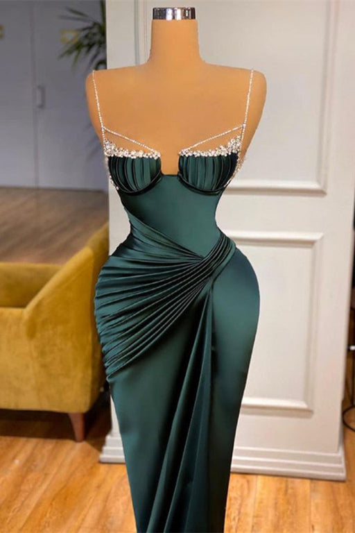 Prom Dress: Dark Green Spaghetti-Straps Mermaid