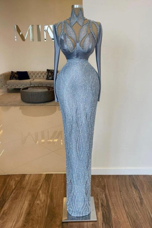 Prom Dress: Elegant Long Sleeve Halter Sequin Beaded Mermaid Gown