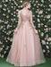 Prom Dress Pink High Collar Soft Tulle Lace A-Line Long Sleeves Lace-up Beaded Party Dresses