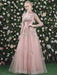Prom Dress Pink High Collar Soft Tulle Lace A-Line Long Sleeves Lace-up Beaded Party Dresses
