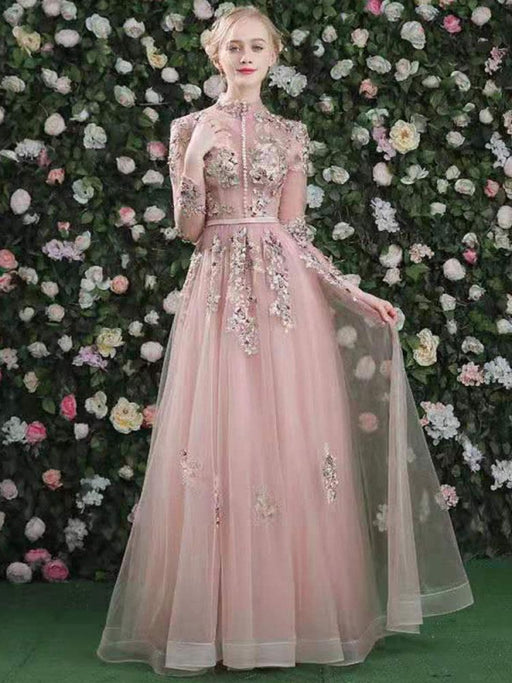 Pink Long Sleeve Prom Dress A-Line Lace Beaded Tulle Gown-Bridelily