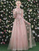 Prom Dress Pink High Collar Soft Tulle Lace A-Line Long Sleeves Lace-up Beaded Party Dresses