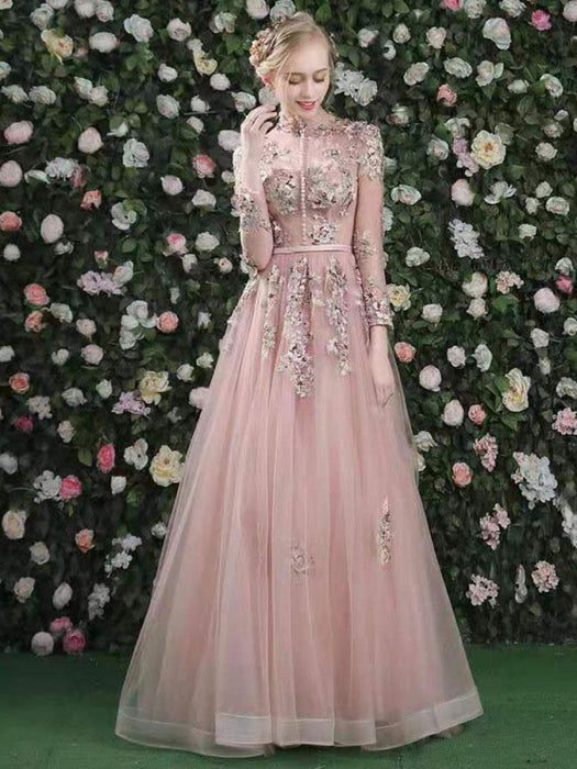 Prom Dress Pink High Collar Soft Tulle Lace A-Line Long Sleeves Lace-up Beaded Party Dresses