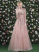 Prom Dress Pink High Collar Soft Tulle Lace A-Line Long Sleeves Lace-up Beaded Party Dresses