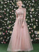 Prom Dress Pink High Collar Soft Tulle Lace A-Line Long Sleeves Lace-up Beaded Party Dresses