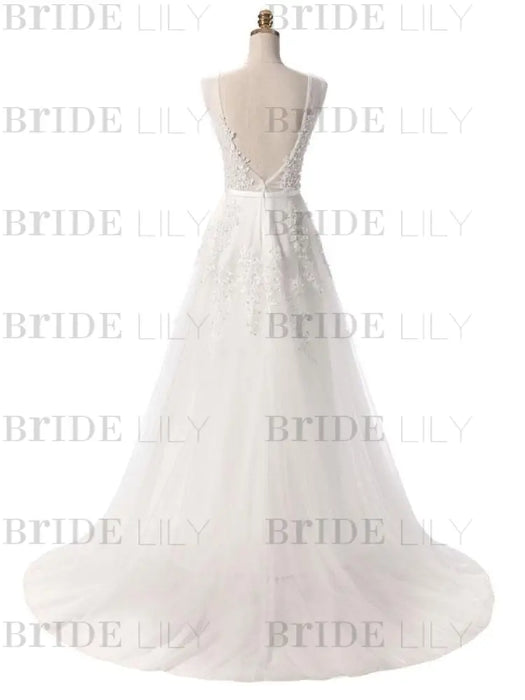 Prom Dress V Neck A Line Sleeveless Floor Length Lace Applique Party Dresses