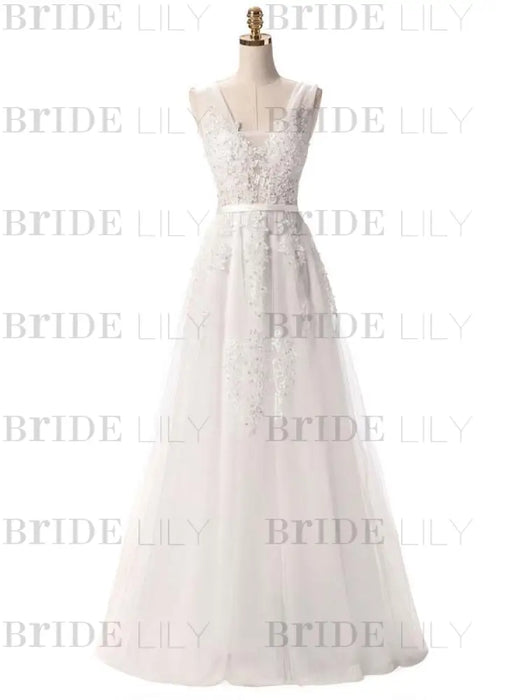 Prom Dress V Neck A Line Sleeveless Floor Length Lace Applique Party Dresses