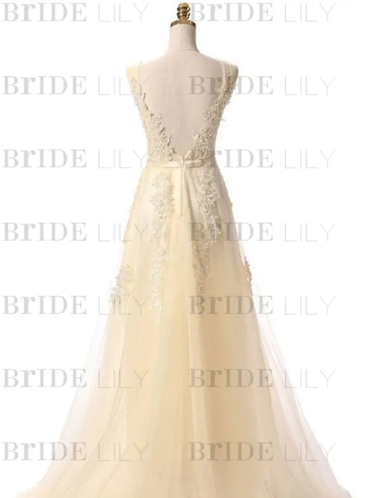 Prom Dress V Neck A Line Sleeveless Floor Length Lace Applique Party Dresses