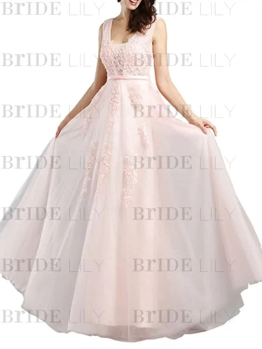 Prom Dress V Neck A Line Sleeveless Floor Length Lace Applique Party Dresses
