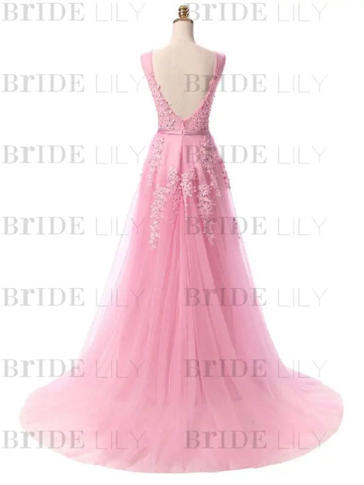 Prom Dress V Neck A Line Sleeveless Floor Length Lace Applique Party Dresses