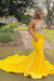Prom Dress Yellow Halter V-Neck Mermaid With Applique