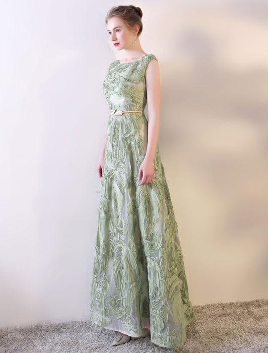 Prom Dresses Long Sage Green Embossment Fabric Texture Sleeveless A Line Floor Length With Sash Wedding Guest Dress