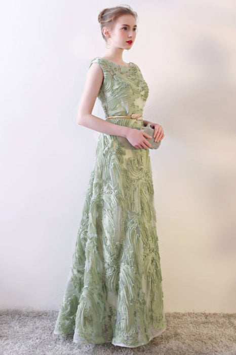 Prom Dresses Long Sage Green Embossment Texture Sleeveless A Line Floor Length With Sash Wedding Guest Dress - Same As Photo - Prom Dress