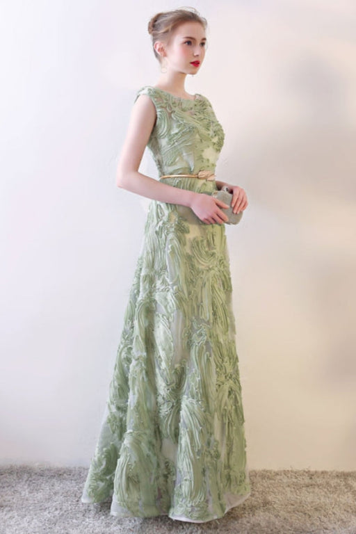 Prom Dresses Long Sage Green Embossment Texture Sleeveless A Line Floor Length With Sash Wedding Guest Dress - Same As Photo - Prom Dress