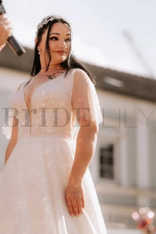 Puff Sleeves Tulle Aline Wedding Dress with Floral Lace Bridal Dress - Wedding Dresses