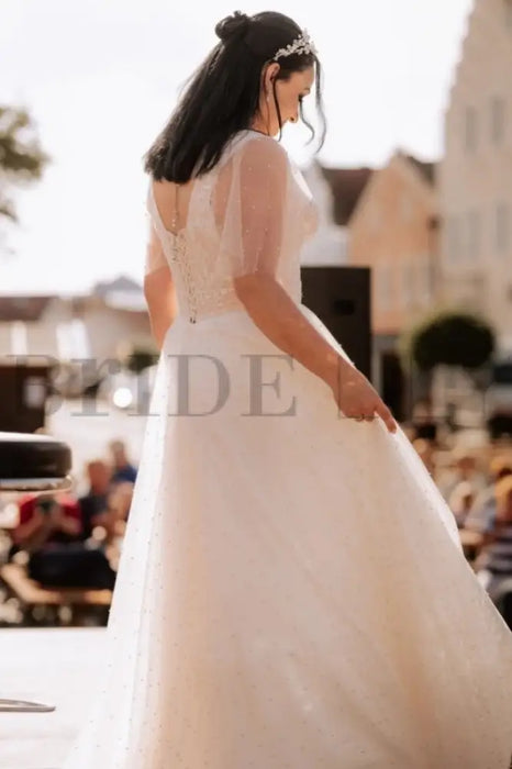 Puff Sleeves Tulle Aline Wedding Dress with Floral Lace Bridal Dress - Wedding Dresses