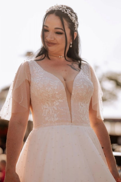 Puff Sleeves Tulle Aline Wedding Dress with Floral Lace Bridal Dress - Wedding Dresses