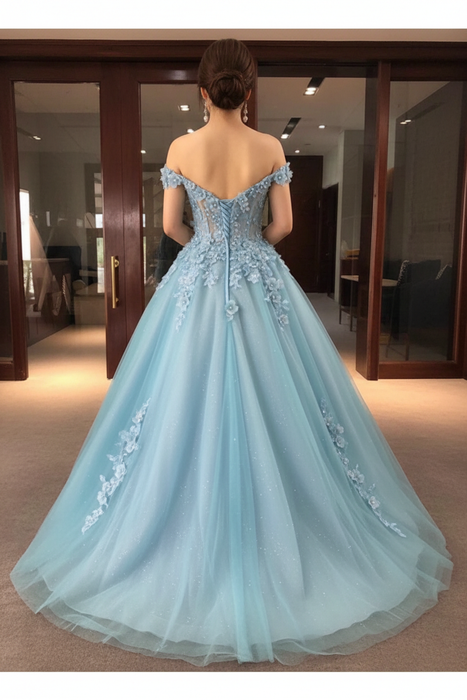Puffy Off the Shoulder Tulle Floor Length Prom Flowers Party Dress with Beads - Prom Dresses