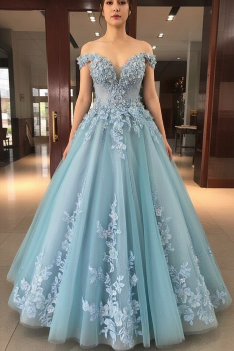 Puffy Off the Shoulder Tulle Floor Length Prom Flowers Party Dress with Beads