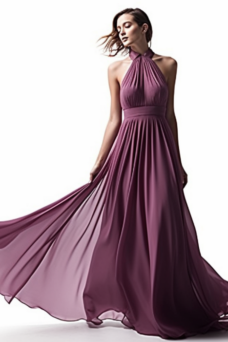 Purple Halter Sleeveless Long Chiffon Prom Dress with Pleats-Bridelily Purple Halter Sleeveless Long Chiffon Prom Dress with Pleats-Bridelily