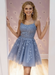 Dusty Blue Lace Homecoming Dress Short | A-Line rom Dress with Spaghetti Straps
