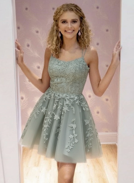 Dusty Sage Lace Homecoming Dress Short | A-Line rom Dress with Spaghetti Straps
