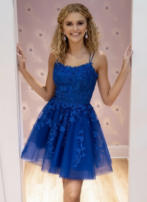 Royal Blue Lace Homecoming Dress Short | A-Line rom Dress with Spaghetti Straps
