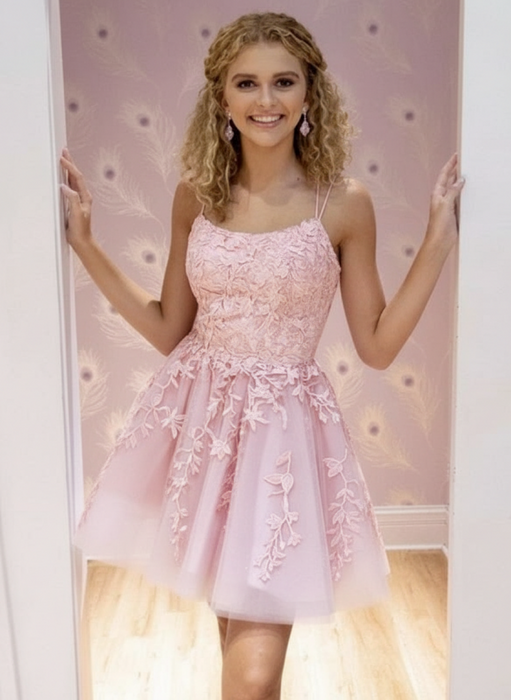 Pink Lace Homecoming Dress Short | A-Line rom Dress with Spaghetti Straps